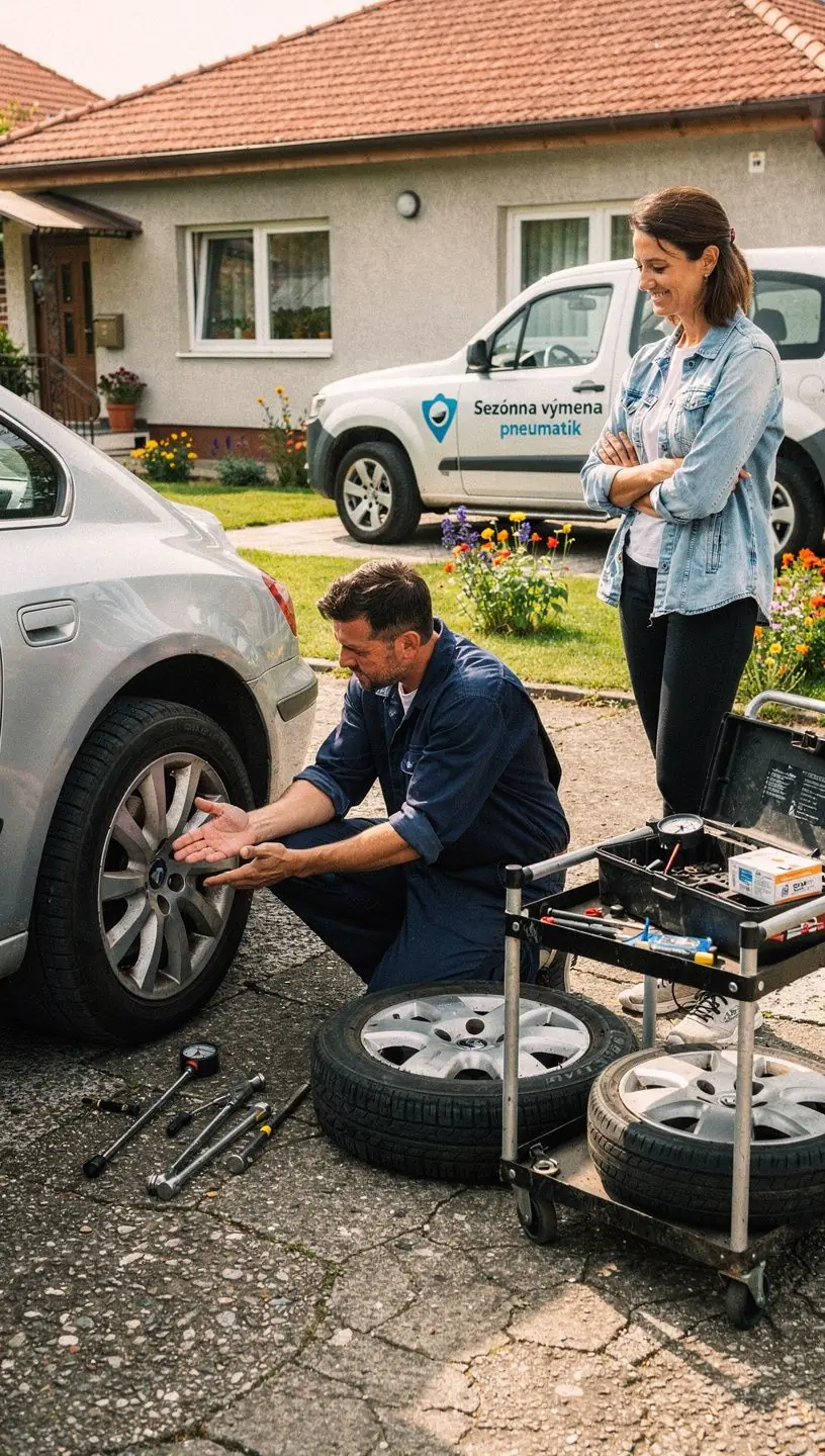 Auto mechanik profesionálne mení pneumatiky na osobnom aute v modernom servise so zameraním na sezónnu výmenu a bezpečnosť jazdy.